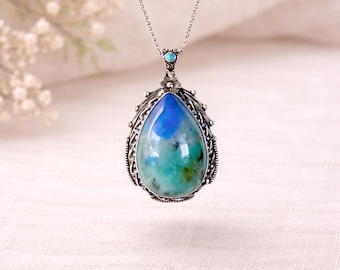 Chrysocolla Pendant Necklace I Blue Green Stone Jewelry I Boho Crystal Necklace I Teardrop Pendant I Unique Gift