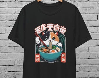 Japanese Ramen Cat Multicolor Unisex T-Shirt  Anime Cat Tee Japan Streetwear Vintage Kawaii Style