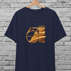 May include: A navy blue t-shirt with a gold foil design of the number 54 and the word "STUDIO" above it.