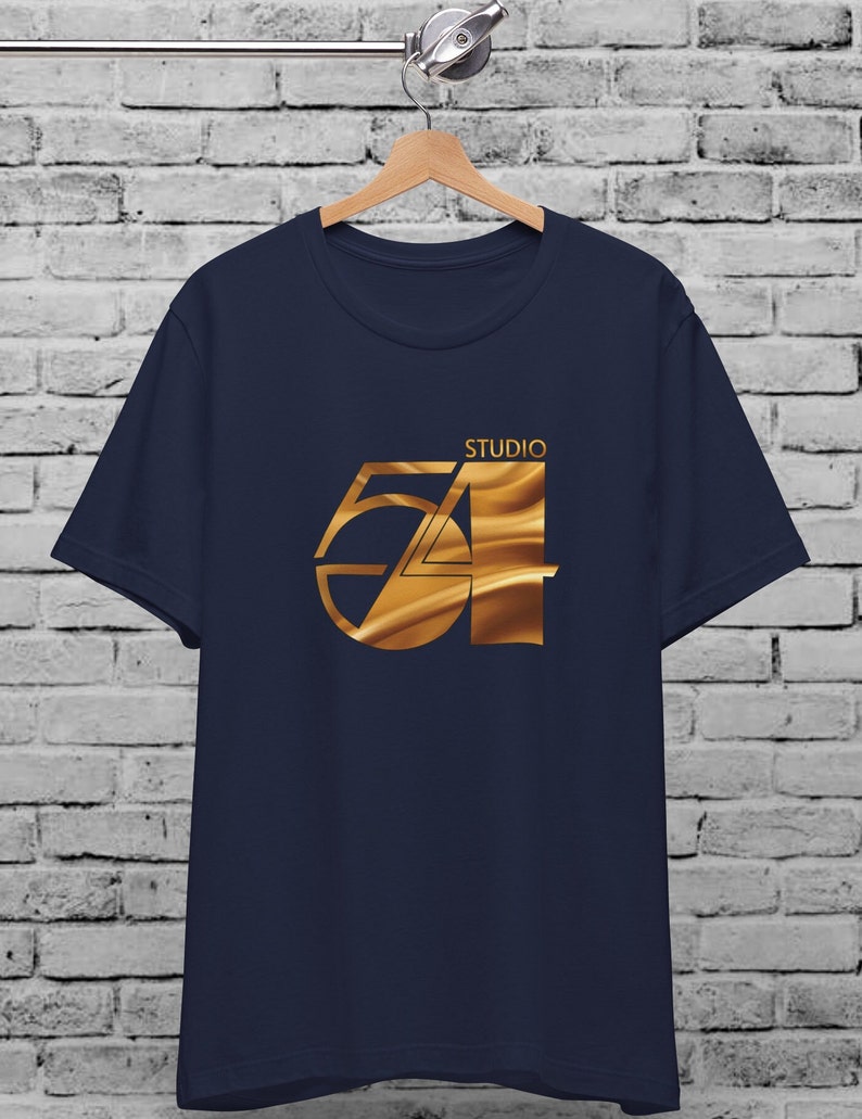 May include: A navy blue t-shirt with a gold foil design of the number 54 and the word "STUDIO" above it.