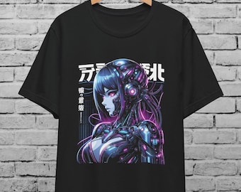 Japanese Cyberpunk Girl Multicolor Unisex T-Shirt  Neon Mecha Anime Art  Futuristic Robot Streetwear