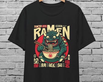 Camiseta unisex multicolor de ramen japonés Kaiju, ropa urbana de Tokio, parodia de Godzilla, estilo anime japonés