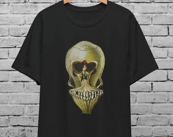 Surrealistische Schädel Illusion T-Shirt, Memento Mori Gothic Art Tee, künstlerisches Makabre Unisex Bekleidung Geschenk