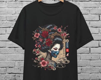Japanese Geisha Oni Mask Multicolor Unisex T-Shirt Samurai Tattoo Art  Japan Anime Tee  Gothic Streetwear Cyberpunk Style
