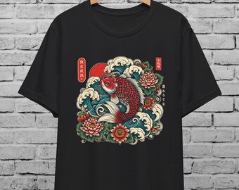 Japanese Koi Fish Multicolor Unisex T-Shirt  Vintage Japanese Tattoo Style Lotus Flower Graphic Tee Asian Art Streetwear