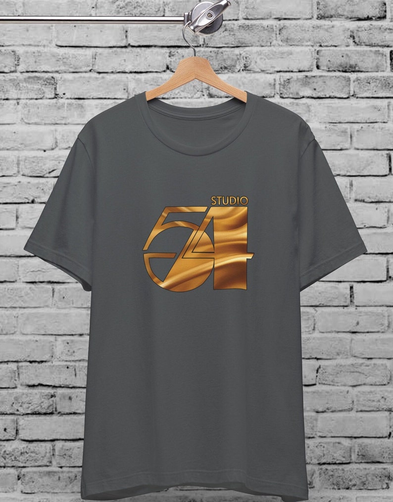 May include: A charcoal grey t-shirt with a gold graphic of the number 54 with the word "STUDIO" above it.