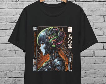 Cyberpunk Cyborg Girl Multicolor Unisex T-Shirt  Japanese Anime Manga Mecha Style Dark Gothic Streetwear