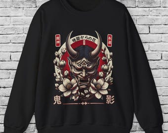 Japanese Oni Mask Unisex Multicolor Sweatshirt – Majin Oni Warrior Samurai Design Tattoo Style Streetwear