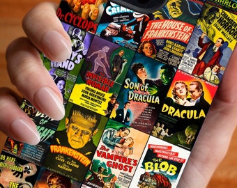 May include: A black phone case with a collage of vintage horror movie posters. The posters feature classic monsters like Dracula, Frankenstein, and the Wolfman. The case has a cutout for the phone's camera.