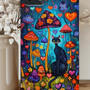 Whimsical Cat in Flowers and Mushrooms Phone Case | Gift Idea Cat Lover Popular Floral Charm Cottagecore Trendy iPhone Samsung Pixel 3D Look
