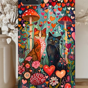 Whimsical Cat Mushroom and Heart Phone Case | Gift Idea Cat Lover Popular Floral Charm Dark Cottagecore Animal Trendy iPhone Samsung Pixel