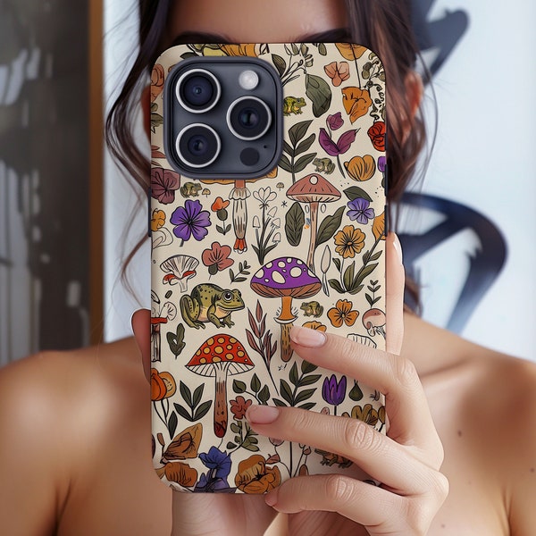 Frog iPhone SLIM CASE Mushroom Toadstool Gift Idea Animal Lover Trendy Gift Mom Her Fantasy Magical Cute Whimsical Enchanted Retro Collage