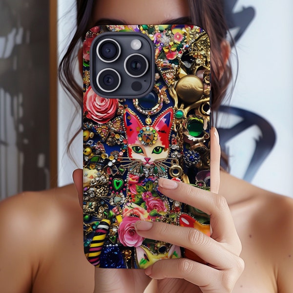 Vintage Mosaic iPhone SLIM CASE Festival Art Charms Jewelry Tiles iPhone 15 14 13 12 11 Pixel Samsung Cat Gold 3D Look Bejeweled Bling Phone