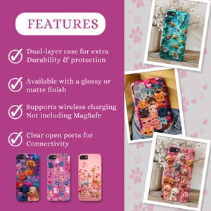 May include: Phone cases with various designs, including colorful fish, stacked cats, and dogs. The cases are shown with the features: dual-layer for durability, available in glossy or matte finishes, supports wireless charging, and clear open ports.
