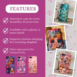 May include: Four phone cases with different designs. The cases are all pink and feature various animal prints. The text "FEATURES" is visible at the top of the image. The text "Dual-layer case for extra Durability & protection" is visible below the text "FEATURES". The text "Available with a glossy or matte finish" is visible below the text "Dual-layer case for extra Durability & protection". The text "Supports wireless charging Not including MagSafe" is visible below the text "Available with a glossy or matte finish". The text "Clear open ports for Connectivity" is visible below the text "Supports wireless charging Not including MagSafe".