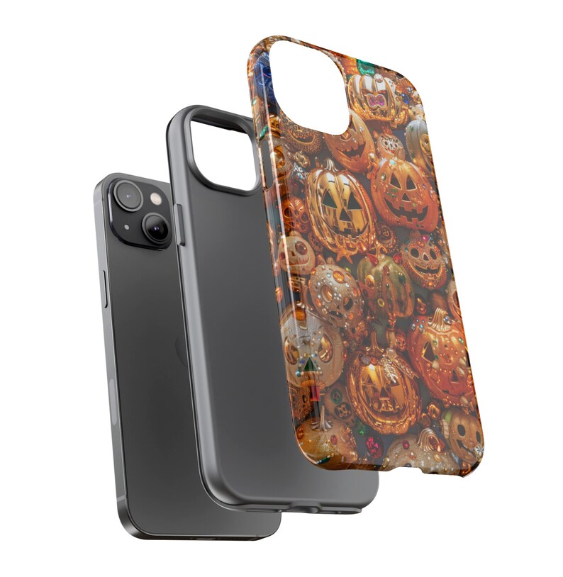 May include: A black phone case with a design of gold and orange jack-o'-lantern faces. The case is shown with a black phone inside.