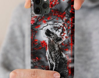 Goth Fantasy Hyena Phone Case Dark Academia Gothic Black and Full Moon iPhone Galaxy Pixel Faux Wood 3D Look Hyena Lover Gift Idea