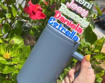 Puede incluir: Un vaso de acero inoxidable gris con asa. El vaso tiene varias etiquetas de nombre de colores, incluyendo "Jo", "Meni", "Joey", "Brandy", "Daniela" y "Estrella".