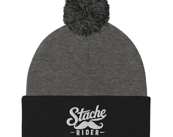 Stache Rider - Funny Custom Embroidered Pom Pom Beanie Hat