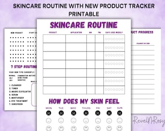 May include: Printable skincare routine tracker with a 7-step routine checklist, a product tracker, and a daily skin feel log. The tracker includes sections for product name, application, AM/PM use, days used weekly, and changes in skin. The skin feel log includes a smiley face scale for each day of the week.
