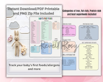 Rastreador de alimentos para bebés imprimible, lista de verificación de los primeros alimentos del bebé, nutrición del bebé, primer rastreador de alimentos, registro de alimentos para bebés