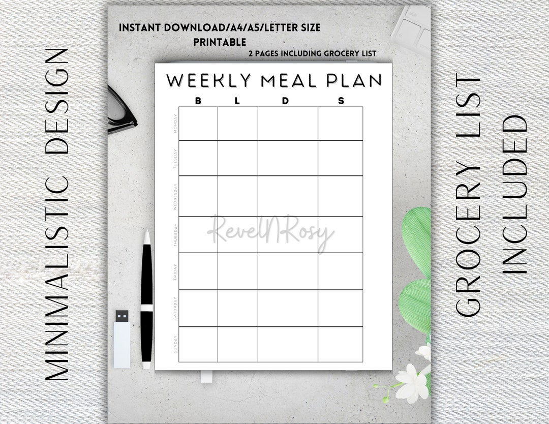 Weekly Meal Planner Printable, Simple Minimalistic, Meal Plan Template ...