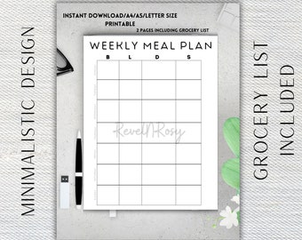 May include: A printable weekly meal planner with a black and white grid layout. The planner is divided into seven columns, labeled "B", "L", "D", and "S". The text "Weekly Meal Plan" is at the top of the planner. The text "Grocery List Included" is on the right side of the planner.