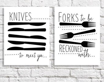 Kitchen Prints Set Of Two Fork & Knife Print Pair Black And White Modern Home Decor Utensils Artwork Funny Quote Posters Kitchen Wall Decor