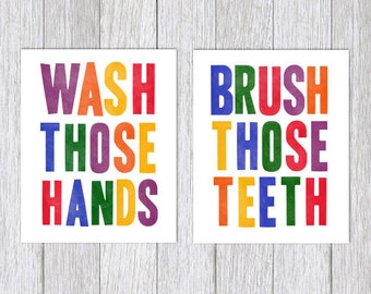 Bathroom PRINTABLE Set Wash Your Hands Sign Brush Those Teeth Wash Those Hands JPEG Files Digital Download Art Print Wall Decor 8" x 10" PDF