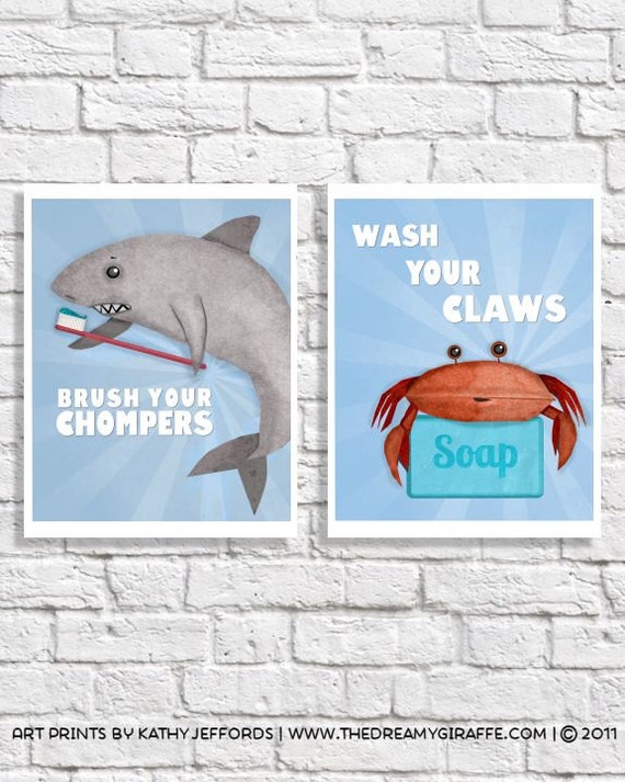 Bathroom Art Set Of 2 Wash Your Hands Brush Your Teeth Prints Etsy