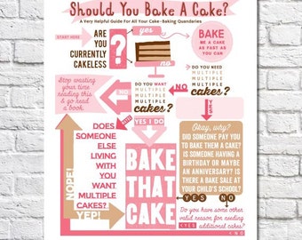 Funny Kitchen Art Decor Baker Gift Idea Bake A Cake Flow Chart Humorous Sign Infographic Print Pink Kitchen Wall Artwork Cake Quote Poster