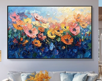 Großes abstraktes Blumen-Ölgemälde auf Leinwand, Wandkunst, originelle bunte Blumenlandschaft, Kunst, Frühlingsdekoration, moderne Wohnzimmer-Wohndekoration