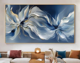 Original Blossom Flower Oil Painting on Canvas, Large Wall Art Abstract Blue Floral Wall Art Custom Painting Living Room Decor Gift for Her