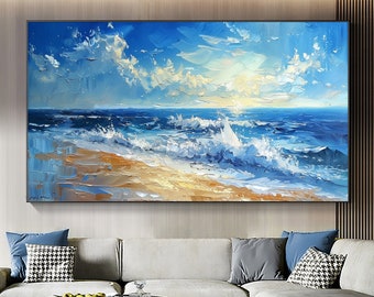 Paysage marin abstrait peinture à l'huile sur toile, peinture océan bleu originale, peinture de paysage personnalisée, grande décoration murale art mural pour salon