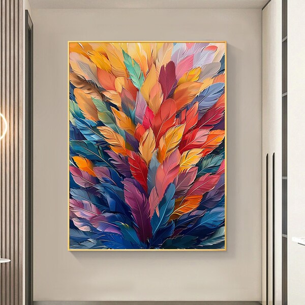 Original Colorful Flower Painting On Canvas, Large Wall Art, Abstract Tropical Plant Painting, Color Leaves Painting, Living Room Wall Decor