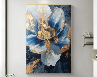 Abstract bloesembloem olieverfschilderij op doek, grote muurkunst originele goudfolie bloemenmuurkunst blauwe muur decor woonkamer home decor