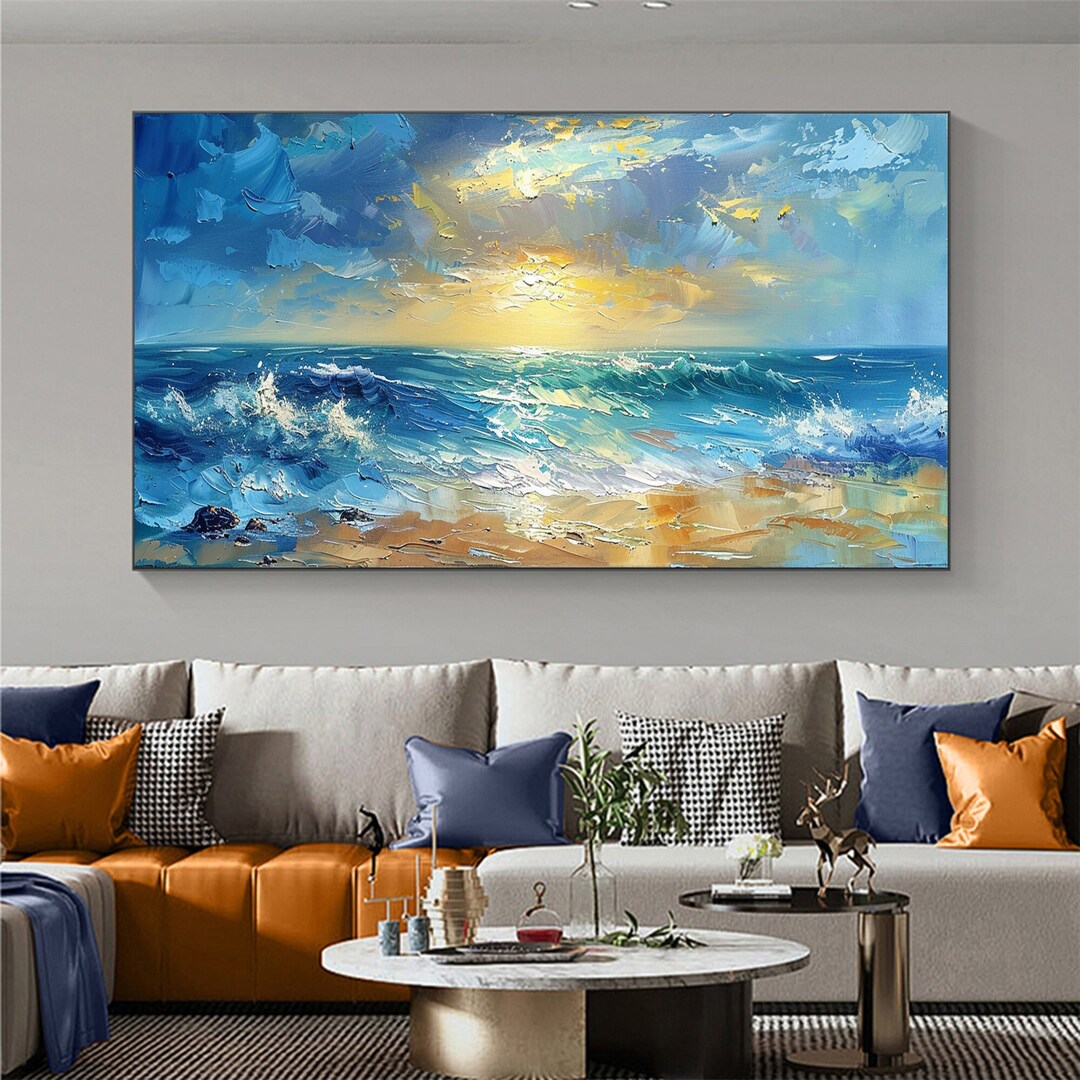 Original Blue Ocean Landscape Oil Painting on Canvas, Large Wall Art ...