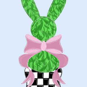 Peut inclure: Un lapin vert avec un nœud rose et une base à carreaux noirs et blancs. Le lapin est assis sur un fond bleu.