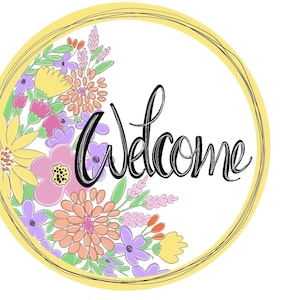 Könnte beinhalten: Ein gelber Kreis mit schwarzem Rand und einem floralen Design am Rand. Das Wort "Willkommen" ist in schwarzer Kursivschrift in der Mitte des Kreises geschrieben.