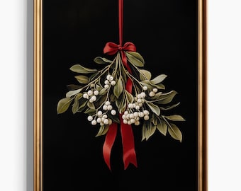 Mistelzweig druckbare Weihnachtswandkunst, stimmungsvolle festliche Feiertags-Weihnachtswanddekor-Herunterladbare Digitaldruck, Mistelzweig-Wandkunst-Malerei