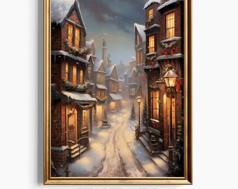 Christmas Town art Printable Wall Art, Christmas Village Prints, Winter Wall Art, Winter Holiday Art Prints, Dark Academia Christmas Decor