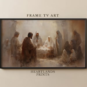 Peut inclure: Une peinture représentant la scène de la Nativité avec un groupe de personnes rassemblées autour d'un bébé dans une crèche. La peinture est réalisée dans une palette douce et tamisée de bruns, de gris et de blancs.