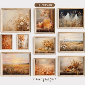 May include: A collection of nine framed art prints featuring autumnal scenes, including a still life with fruit and a glass of cider, a field of wildflowers, and a forest path. The prints are all in a rustic style and have a warm, inviting feel.