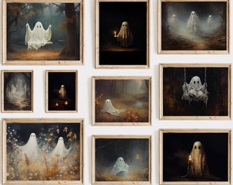 Ghost Gallery Wall Set of 10 Spooky Ghost Paintings, Halloween Ghost art prints, Halloween Wall Art, Printable Halloween Fall Art Decor