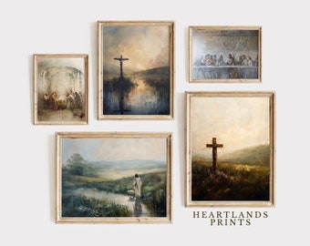 May include: A set of five framed prints depicting religious scenes. The prints feature landscapes, a cross, and a group of people gathered around a table. The prints are all in a similar style, with a muted color palette and a painterly aesthetic. The prints are all framed in a simple, light wood frame.