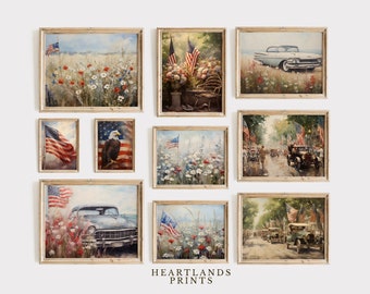 Printable 4th of July Art Set, Independence Day American Flag Painting Vintage Cars or floral Prints, USA Summer Wall Decor Digital Download