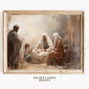 Arte cristiano imprimible, arte de pared de la Natividad de Jesús, impresión de paisaje sereno, arte de póster vintage de la Natividad de Jesús, descarga digital