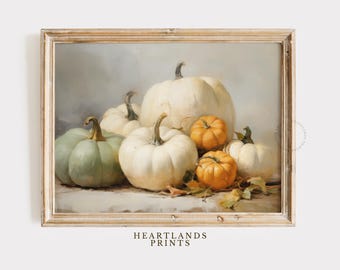Printable White Pumpkin Fall Artwork, Vintage Autumn Wall Art Print Pumpkin Painting Fall Decor, Rustic Halloween Print, Autumn art Decor