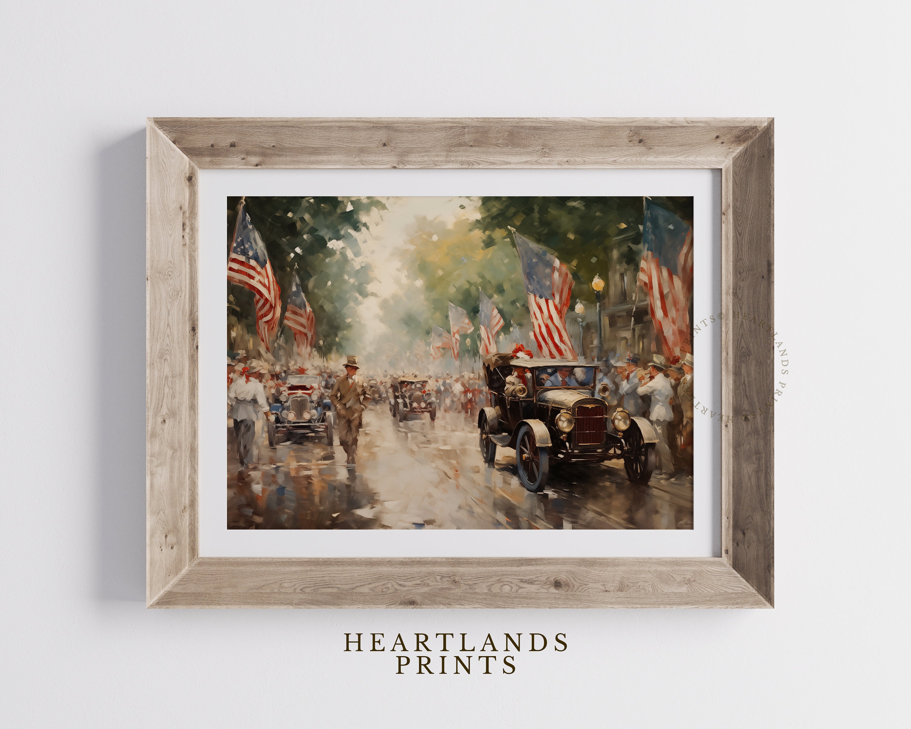 Vintage Car Patriotic 4th of July Wall Art American Flag Artwork ...