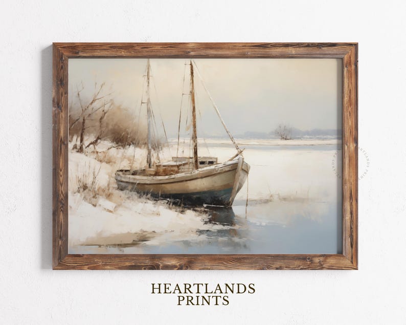 Printable Sailboat Painting, Winter Wall Art, Marooned Sailboat Above